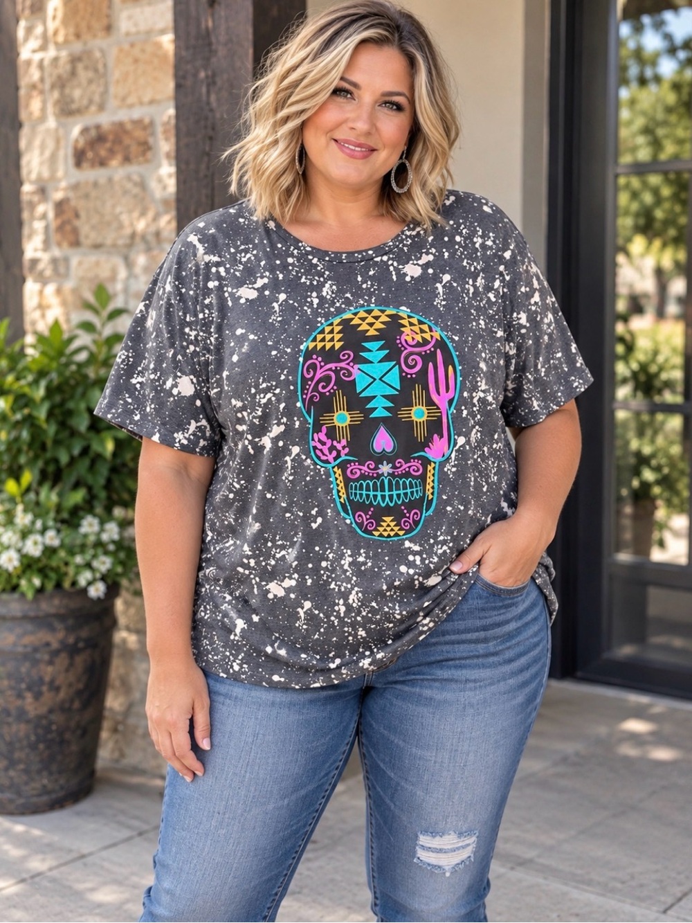 Crazy Train Gray Mineral-Wash Tee with Neon Sugar Skull